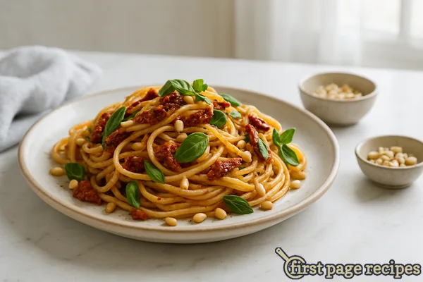 Sun-Dried Tomato and Basil Linguine with Pine Nuts